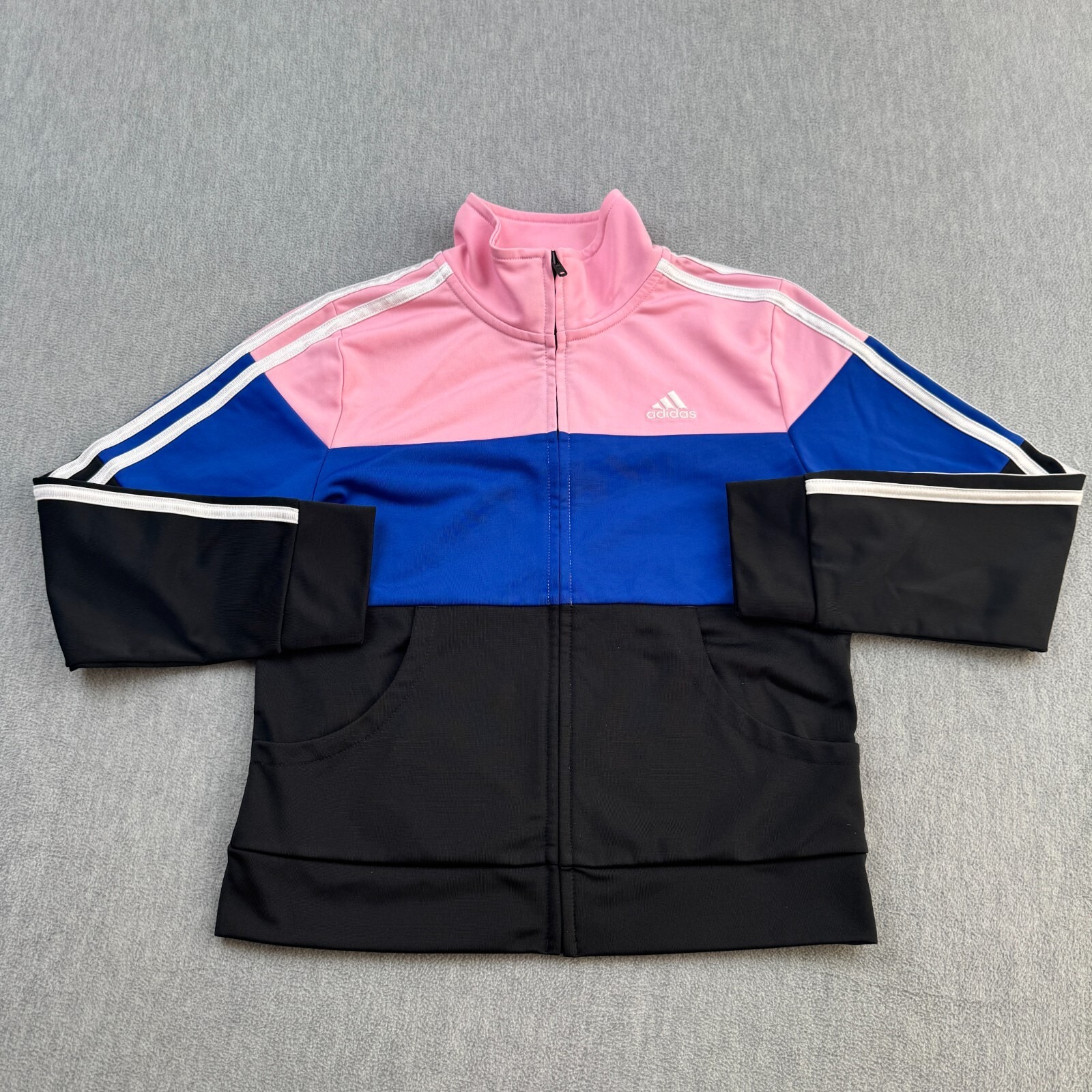 Adidas Track Jacket Girls Size Medium 10/12 Pink Striped Full Zip Activewear
